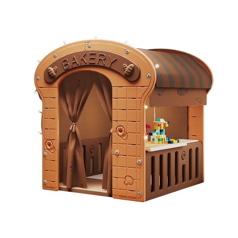 Nichiduta Garden Casuta de joaca pentru copii Nichiduta Graden brown Bakery iluminata cu draperie si covoras din PU inclus dimensiune 98 x 92 x 115 cm