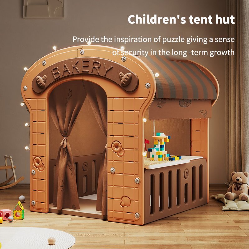 Nichiduta Garden Casuta de joaca pentru copii Nichiduta Graden brown Bakery iluminata cu draperie si covoras din PU inclus dimensiune 98 x 92 x 115 cm