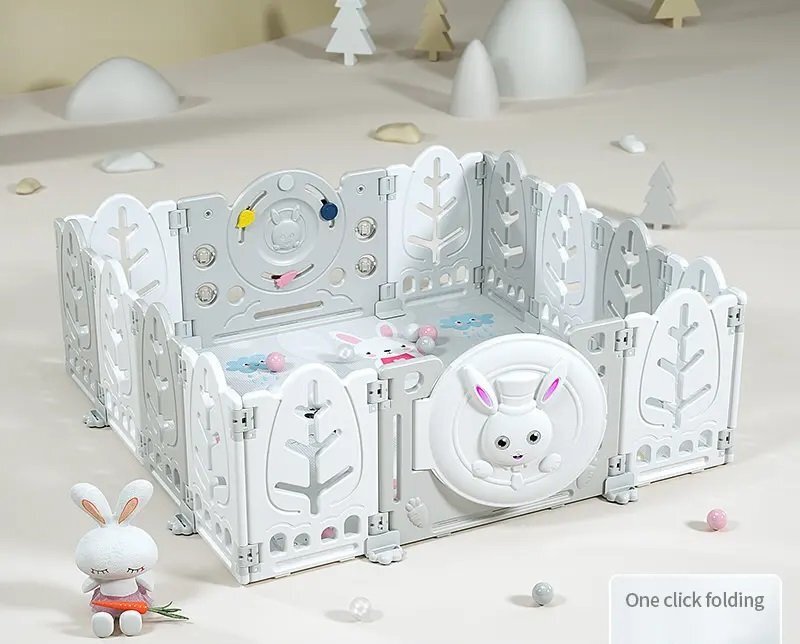 Nichiduta Garden Gardulet loc de joaca copii pentru interiorexterior 200x155 cm cu margini rotunjite poarta de siguranta covoras din spuma 1cm grosime100 bile color si cosulet pliabil Bunny Grey