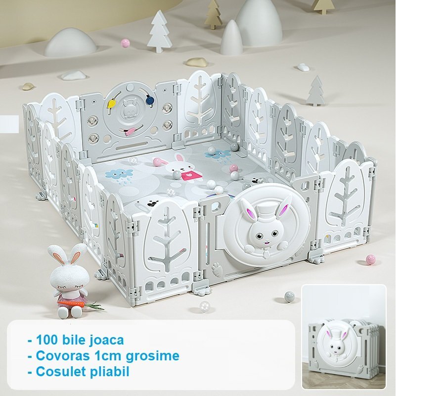 Nichiduta Garden Gardulet loc de joaca copii pentru interiorexterior 200x155 cm cu margini rotunjite poarta de siguranta covoras din spuma 1cm grosime100 bile color si cosulet pliabil Bunny Grey