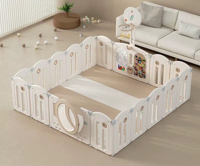 Nichiduta Garden Gardulet loc de joaca interiorexterior Moon Coffee 200x200cm cu poarta de siguranta cos de baschet Tabla de scris covoras din spuma 1cm grosime Cuburi Cosulet pliabil si 100 bile