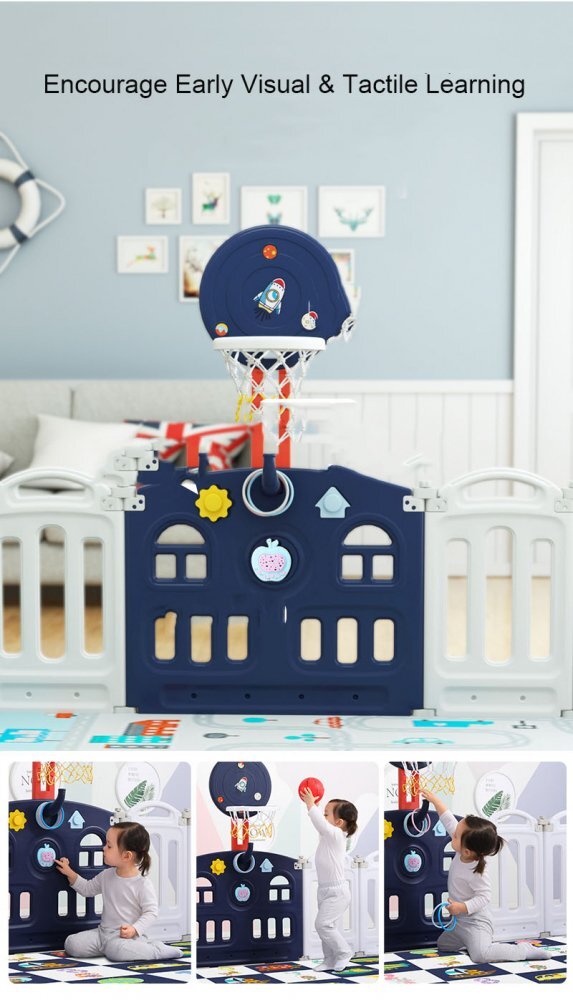 Nichiduta Garden Gardulet loc de joaca Lovely Pinguin Dark Blue cu Poarta siguranta Picioruse antiderapante Pliabil Margini rotunjite Cos de baschet 150x118 cm