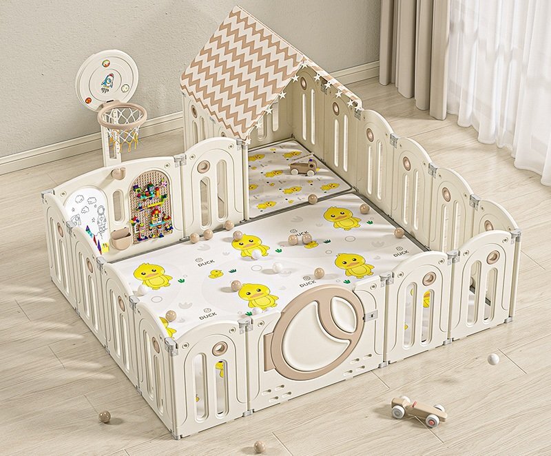 Nichiduta Garden Gardulet loc de joaca Moon House Coffee 200x160 cm cu poarta de siguranta cos de baschet tabla de scris covoras din spuma 1cm grosime cuburi cosulet pliabil 100 bile si casuta