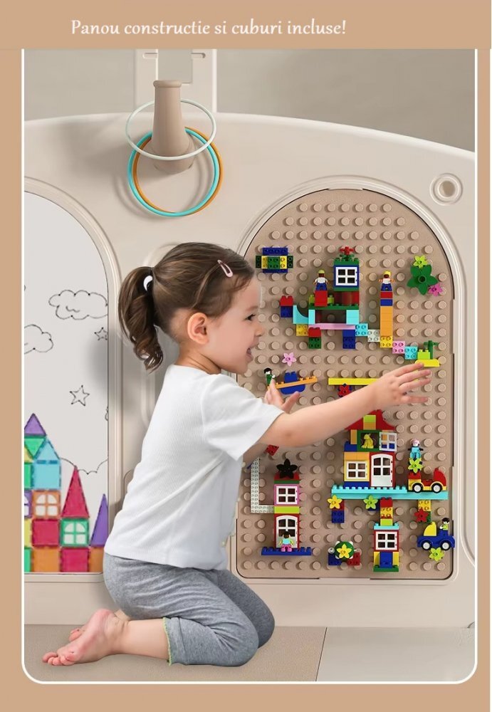 Nichiduta Garden Gardulet loc de joaca Moon House Coffee 200x200 cm cu poarta siguranta cos de baschet tabla de scris covoras din spuma XPE 4cm grosime cuburi cosulet pliabil 100 bile instalatie lumini si casuta