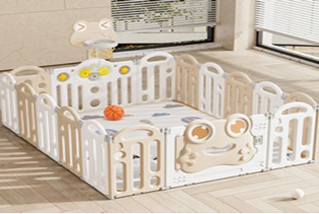 Nichiduta Garden Gardulet loc de joaca pentru copii Beige Frog pliabil si portabil compus din 14 panouri de gard + 2 panouri laterale cu Cos de baschet si angrenaje rotative dimensiune 150 x 187.5cm