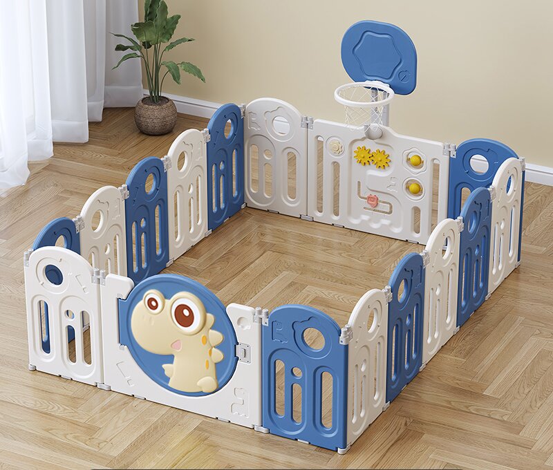 Nichiduta Garden Gardulet loc de joaca pentru copii Blue Dinosaur pliabil portabil compus din 14 panouri de gard + 2 panouri laterale cos de baschet usa cu blocare inalt 61 cm