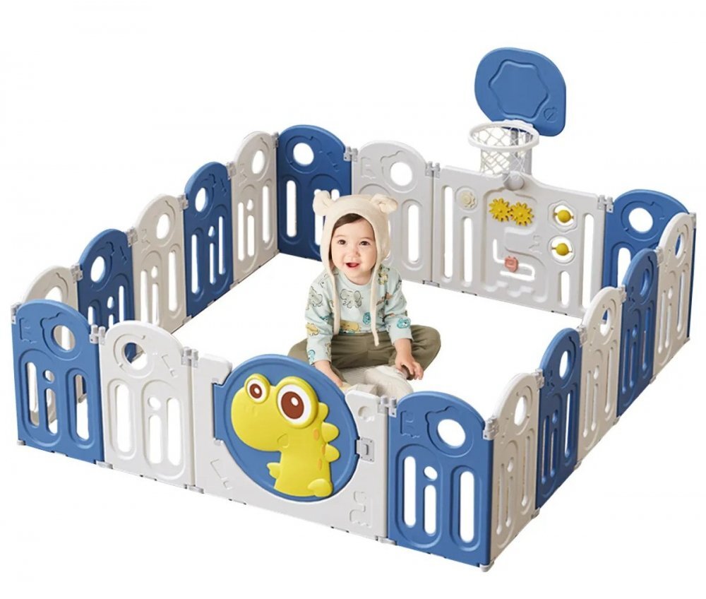 Nichiduta Garden Gardulet loc de joaca pentru copii Blue Dinosaur pliabil portabil compus din 14 panouri de gard + 2 panouri laterale cos de baschet usa cu blocare inalt 61 cm