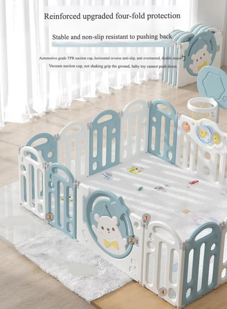 Nichiduta Garden Gardulet loc de joaca pentru copii Grey Bear pliabil si portabil compus din 14 panouri de gard + 2 panouri laterale cu Cos de baschet si angrenaje rotative