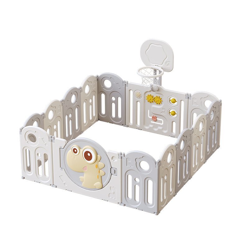Nichiduta Garden Gardulet loc de joaca pentru copii Grey Dinosaur pliabil portabil compus din 14 panouri de gard + 2 panouri laterale cos de baschet usa cu blocare inalt 61 cm