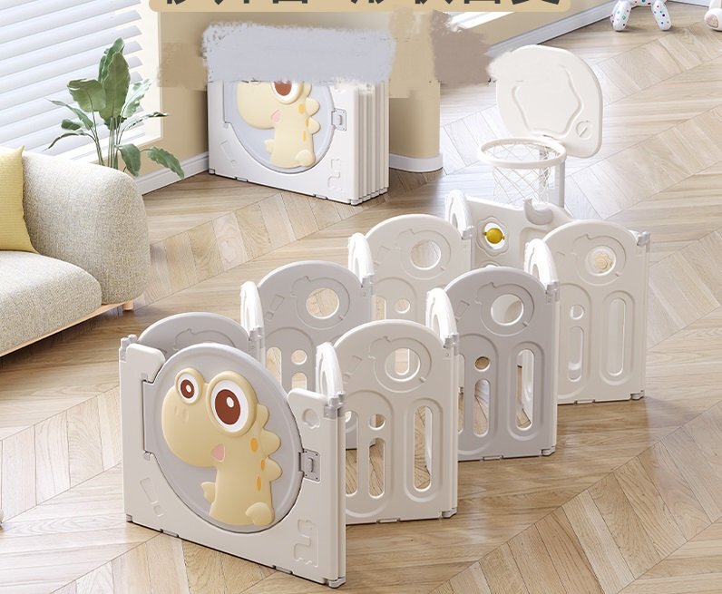 Nichiduta Garden Gardulet loc de joaca pentru copii Grey Dinosaur pliabil portabil compus din 14 panouri de gard + 2 panouri laterale cos de baschet usa cu blocare inalt 61 cm