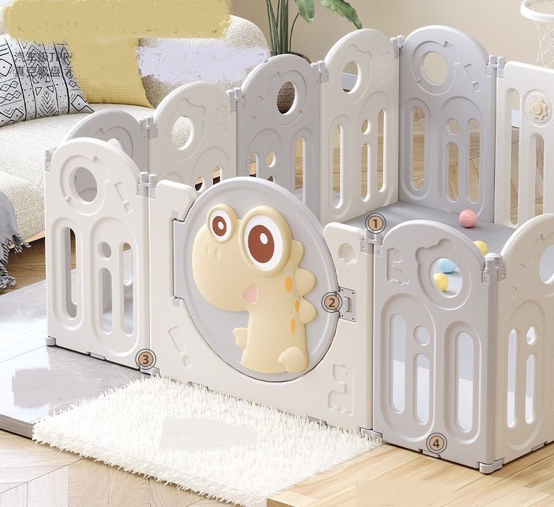 Nichiduta Garden Gardulet loc de joaca pentru copii Grey Dinosaur pliabil portabil compus din 14 panouri de gard + 2 panouri laterale cos de baschet usa cu blocare inalt 61 cm
