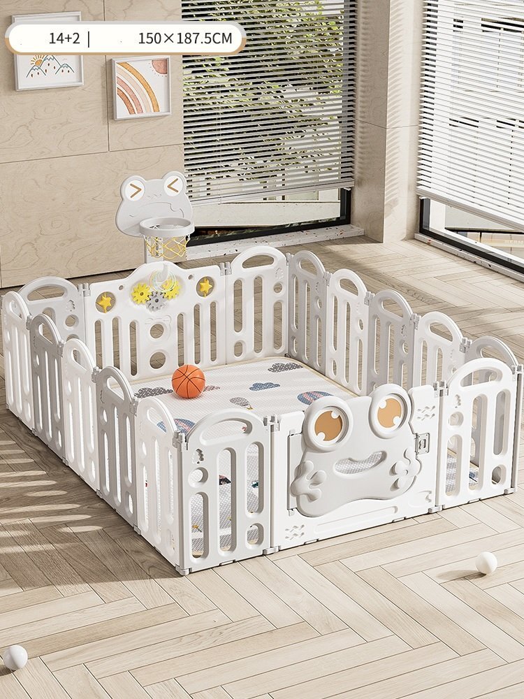Nichiduta Garden Gardulet loc de joaca pentru copii Grey Frog pliabil si portabil compus din 14 panouri de gard + 2 panouri laterale cu Cos de baschet si angrenaje rotative dimensiune 150 x 187.5cm