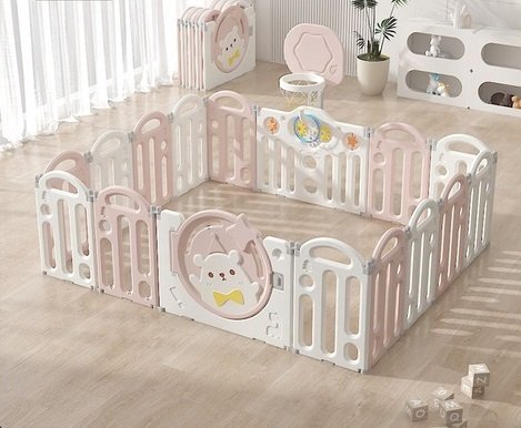 Nichiduta Garden Gardulet loc de joaca pentru copii Pink Bear pliabil si portabil compus din 14 panouri de gard + 2 panouri laterale cu Cos de baschet si angrenaje rotative