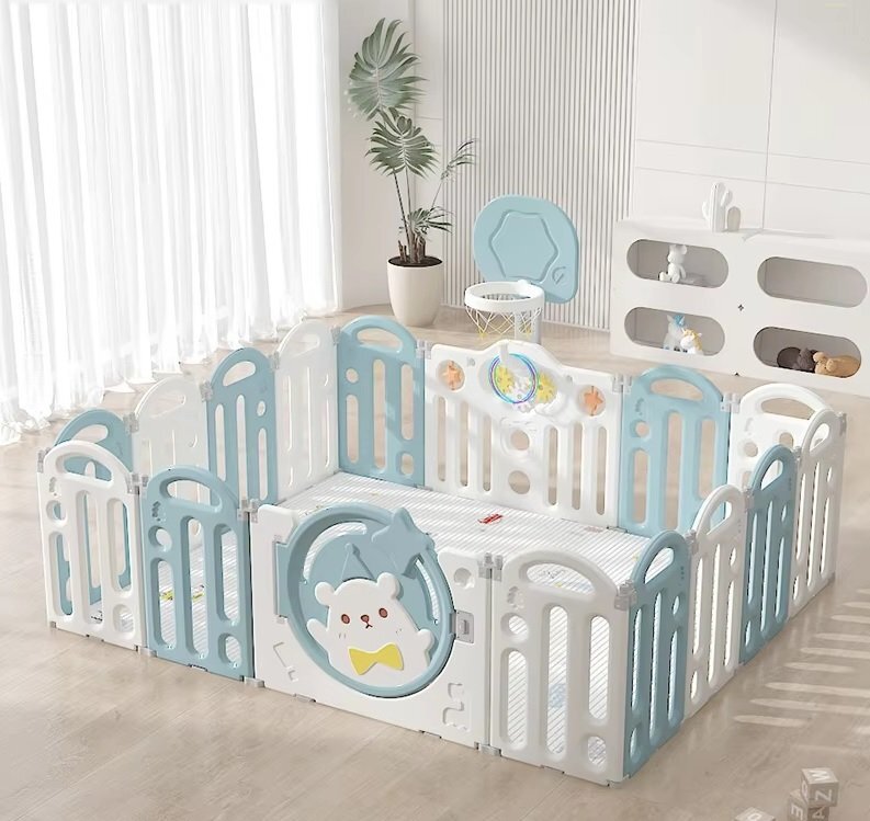 Nichiduta Garden Gardulet loc de joaca pentru copii Pink Bear pliabil si portabil compus din 14 panouri de gard + 2 panouri laterale cu Cos de baschet si angrenaje rotative