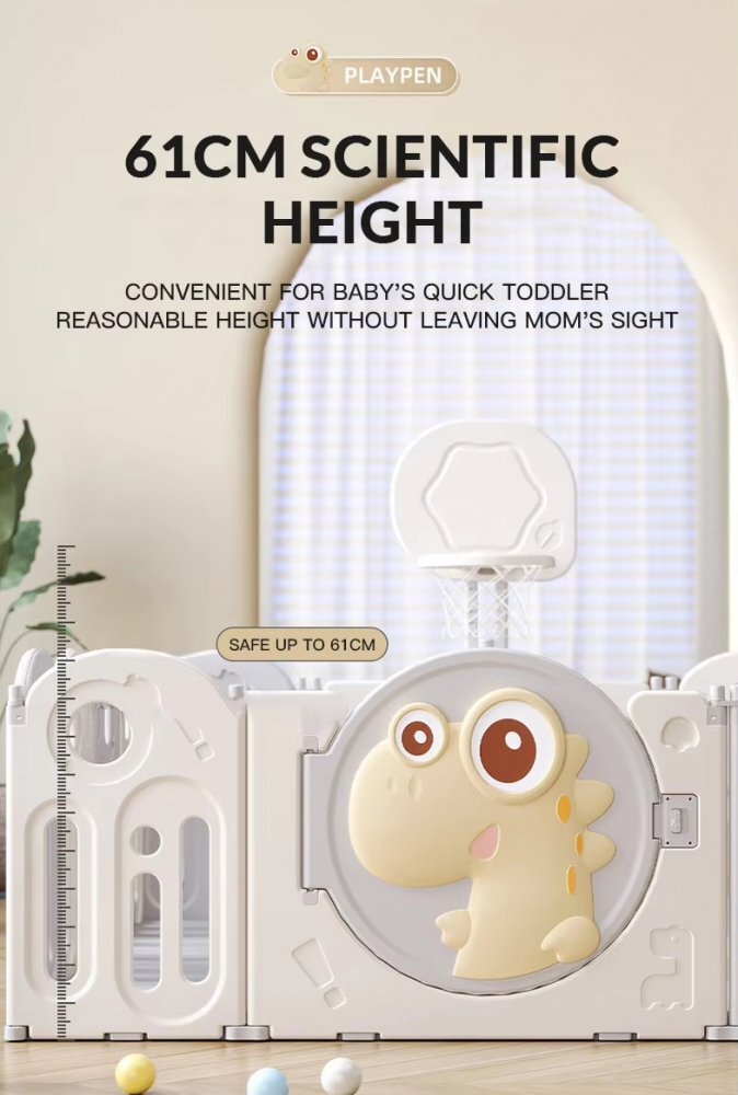 Nichiduta Garden Gardulet loc de joaca pentru copii Pink Dinosaur pliabil portabil compus din 14 panouri de gard + 2 panouri laterale cos de baschet usa cu blocare inalt 61 cm