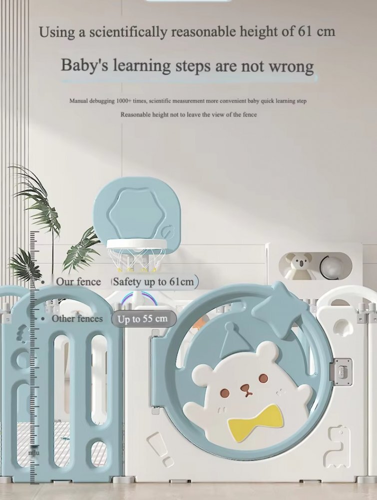 Nichiduta Garden Gardulet loc de joaca pentru copii WhiteBlue Bear pliabil si portabil compus din 14 panouri de gard + 2 panouri laterale cu Cos de baschet si angrenaje rotative