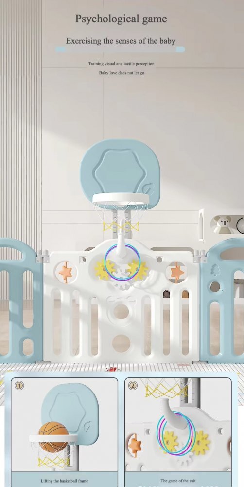 Nichiduta Garden Gardulet loc de joaca pentru copii WhiteBlue Bear pliabil si portabil compus din 14 panouri de gard + 2 panouri laterale cu Cos de baschet si angrenaje rotative