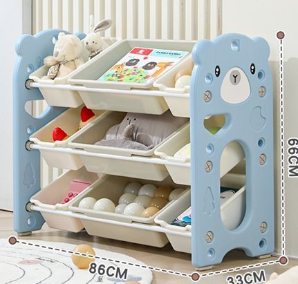 Nichiduta Garden Organizator pentru copii Blue Bear cu rafturi deschise pe 3 nivele include 6 cutii mici si 3 cutii mari dimensiune 86 x 33 x 66 cm