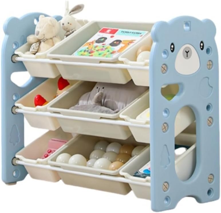 Nichiduta Garden Organizator pentru copii Blue Bear cu rafturi deschise pe 3 nivele include 6 cutii mici si 3 cutii mari dimensiune 86 x 33 x 66 cm