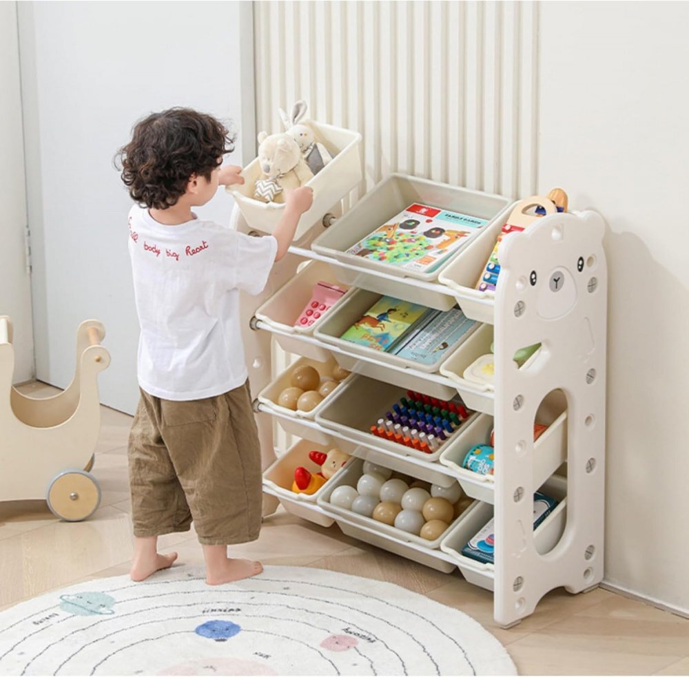 Nichiduta Garden Organizator pentru copii Pink Bear cu rafturi deschise pe 3 nivele include 5 cutii mici si 2 cutii mari dimensiune 66 x 33 x 66 cm