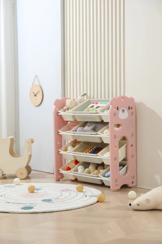 Nichiduta Garden Organizator pentru copii Pink Bear cu rafturi deschise pe 4 nivele include 8 cutii mici si 4 cutii mari dimensiune 33 x 86 x 85 cm