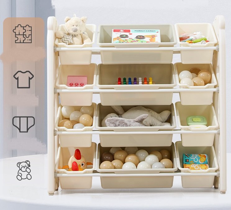 Nichiduta Garden Organizator pentru copii Pink Bear cu rafturi deschise pe 4 nivele include 8 cutii mici si 4 cutii mari dimensiune 33 x 86 x 85 cm