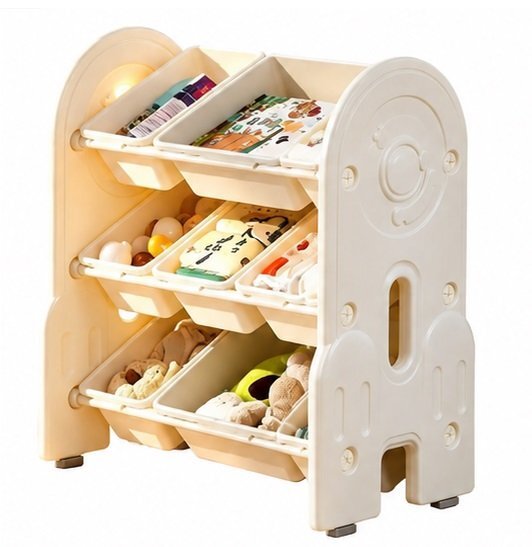 Nichiduta Garden Organizator pentru copii Space White cu rafturi deschise pe 3 nivele echipat cu 5 cutii mici si 2 cutii mari margini rotunjite dimensiune 67 x 33 x 66 cm