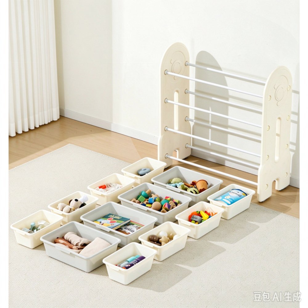 Nichiduta Garden Organizator pentru copii Space White cu rafturi deschise pe 3 nivele echipat cu 5 cutii mici si 2 cutii mari margini rotunjite dimensiune 67 x 33 x 66 cm