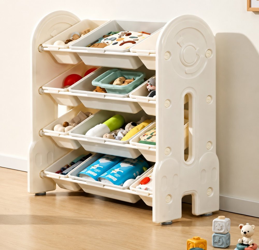 Nichiduta Garden Organizator pentru copii Space White cu rafturi deschise pe 4 nivele echipat cu 8 cutii mici si 4 cutii mari margini rotunjite dimensiune 86 x 33 x 85 cm