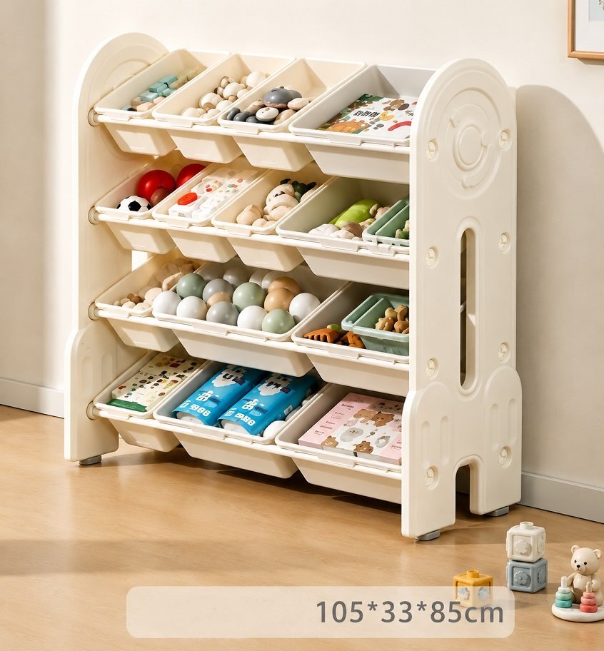 Nichiduta Garden Organizator pentru copii Space White cu rafturi deschise pe 4 nivele echipat cu 8 cutii mici si 6 cutii mari margini rotunjite dimensiune 105 x 33 x 85 cm
