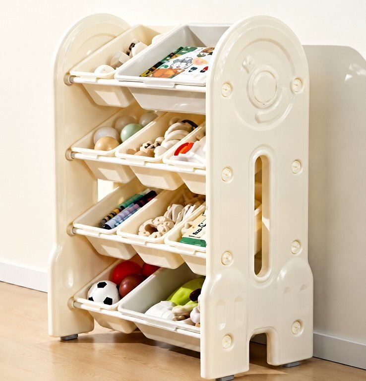 Nichiduta Garden Organizator pentru copii Space White cu rafturi deschise pe 4 nivele include 8 cutii mici si 2 cutii mari margini rotunjite dimensiune 33 x 67 x 85 cm