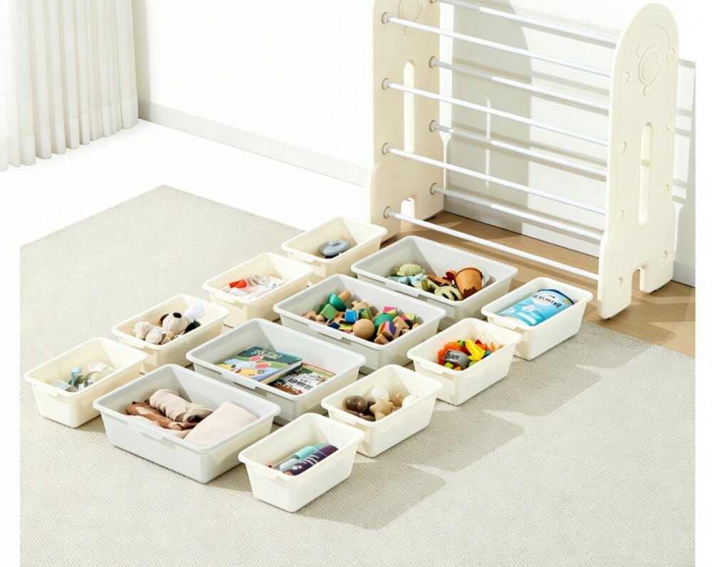 Nichiduta Garden Organizator pentru copii Space White cu rafturi deschise pe 4 nivele include 8 cutii mici si 2 cutii mari margini rotunjite dimensiune 33 x 67 x 85 cm