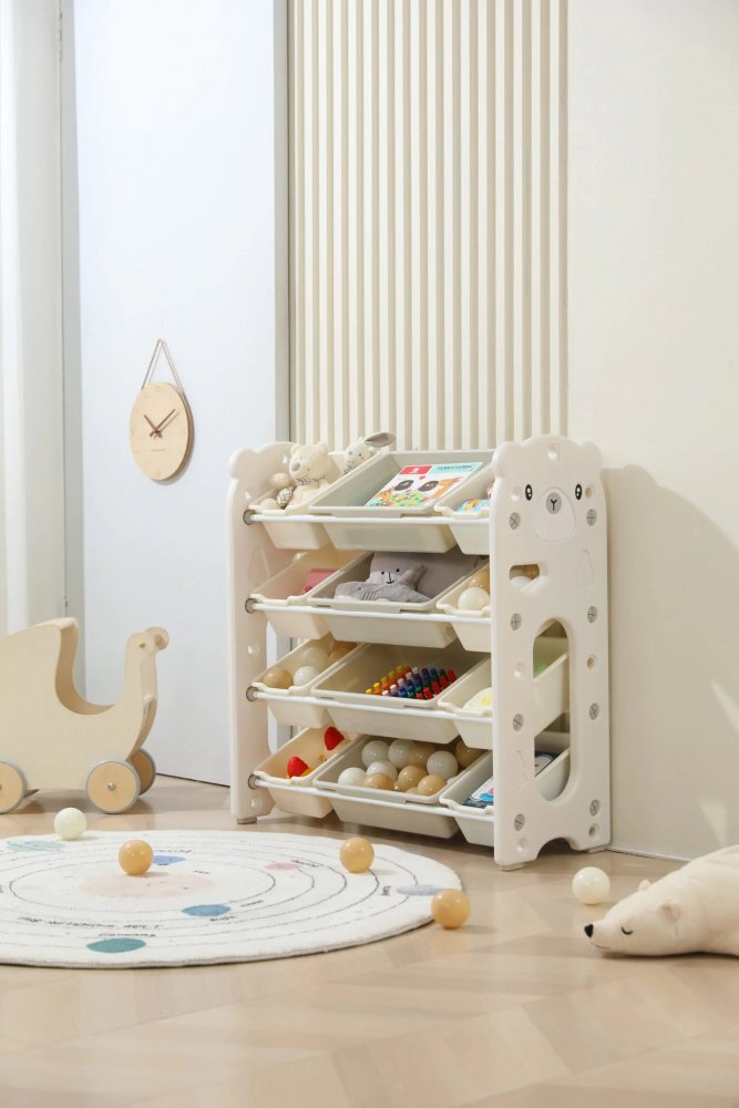 Nichiduta Garden Organizator pentru copii White Bear cu rafturi deschise pe 4 nivele include 8 cutii mici si 4 cutii mari dimensiune 33 x 86 x 85 cm