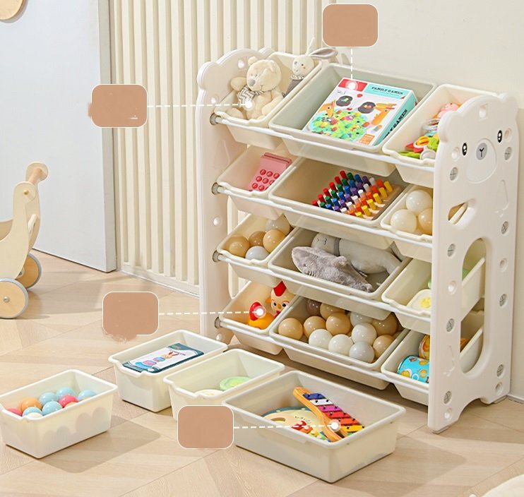 Nichiduta Garden Organizator pentru copii White Bear cu rafturi deschise pe 4 nivele include 8 cutii mici si 4 cutii mari dimensiune 33 x 86 x 85 cm