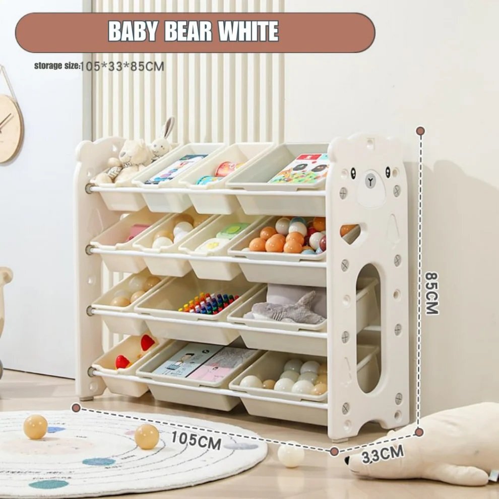 Nichiduta Garden Organizator pentru copii White Bear cu rafturi deschise pe 4 nivele include 8 cutii mici si 6 cutii mari dimensiune 105 x 33 x 85cm