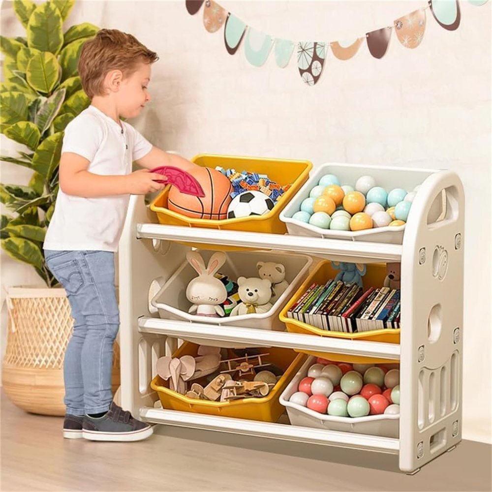 Nichiduta Garden Organizator pentru jucarii Butterfly Grey cu 3 nivele si 6 cutii depozitare margini rotunjite 77x66x32 cm