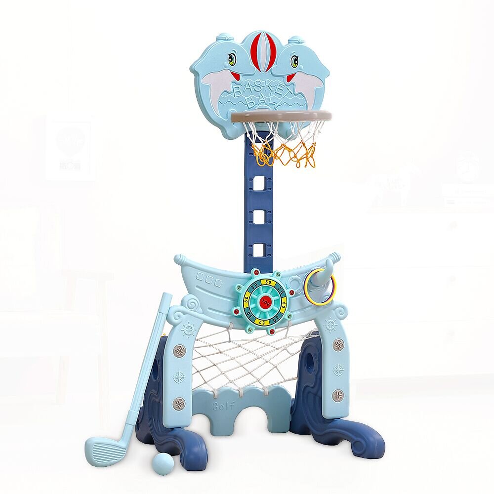 Nichiduta Garden Set de joaca 4 in 1 Dolphin Blue cu Poarta fotbal Cos de baschet cu inaltime reglabila Cosa si minge de golf Joc de indemanare cu inele