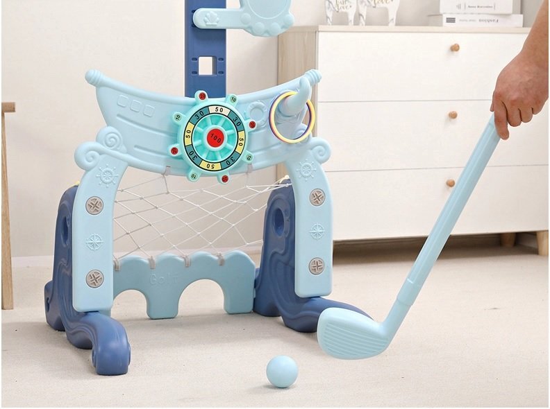 Nichiduta Garden Set de joaca 4 in 1 Dolphin Blue cu Poarta fotbal Cos de baschet cu inaltime reglabila Cosa si minge de golf Joc de indemanare cu inele
