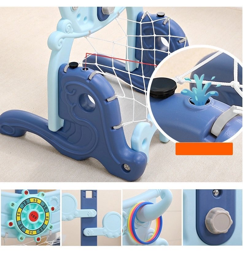 Nichiduta Garden Set de joaca 4 in 1 Dolphin Blue cu Poarta fotbal Cos de baschet cu inaltime reglabila Cosa si minge de golf Joc de indemanare cu inele