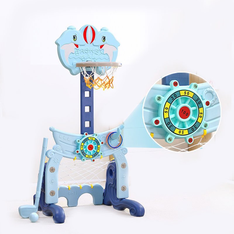 Nichiduta Garden Set de joaca 4 in 1 Dolphin Blue cu Poarta fotbal Cos de baschet cu inaltime reglabila Cosa si minge de golf Joc de indemanare cu inele