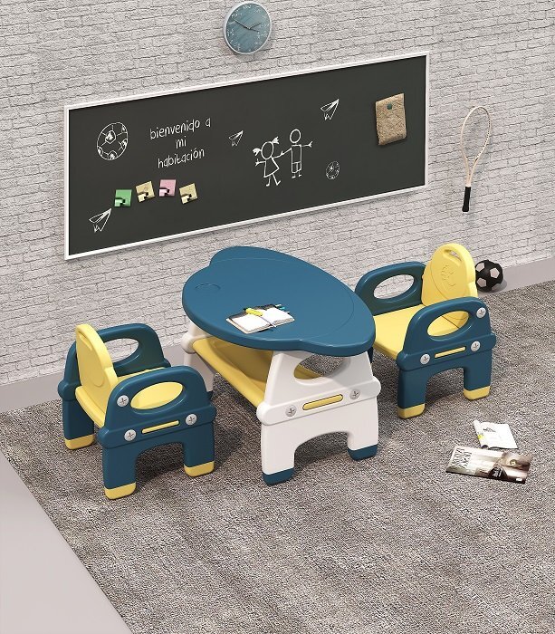 Nichiduta Garden Set masuta 82.5 x 52 x 48.5 cm si 2 scaunele ergonomice cu spatar si manere laterale pentru copii Yellow varsta 3-6 ani