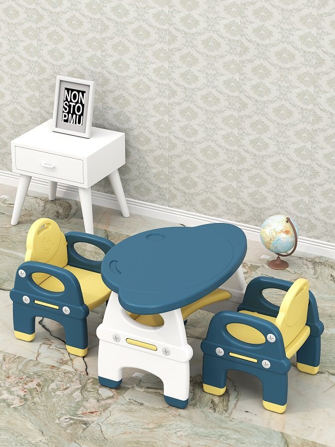 Nichiduta Garden Set masuta 82.5 x 52 x 48.5 cm si 2 scaunele ergonomice cu spatar si manere laterale pentru copii Yellow varsta 3-6 ani