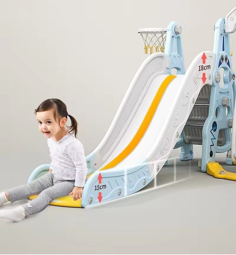 Nichiduta Garden Spatiu de joaca 3 in 1 Astronaut Arcada Blue cu Leagan convertibil Tobogan cu trepte late Margini rotunjite Cos de baschet cu Minge Piscina cu 200 bile joaca incluse