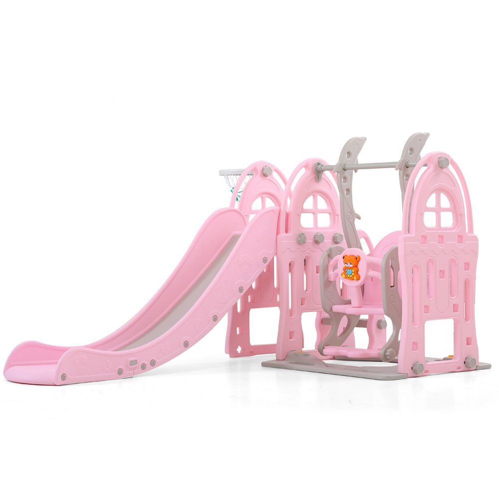 Nichiduta Garden Spatiu de joaca 3 in 1 Nichiduta Dolphin Pink cu leagan convertibil Tobogan cu manere si trepte late Cos de baschet greutate maxim suportata 50 Kg