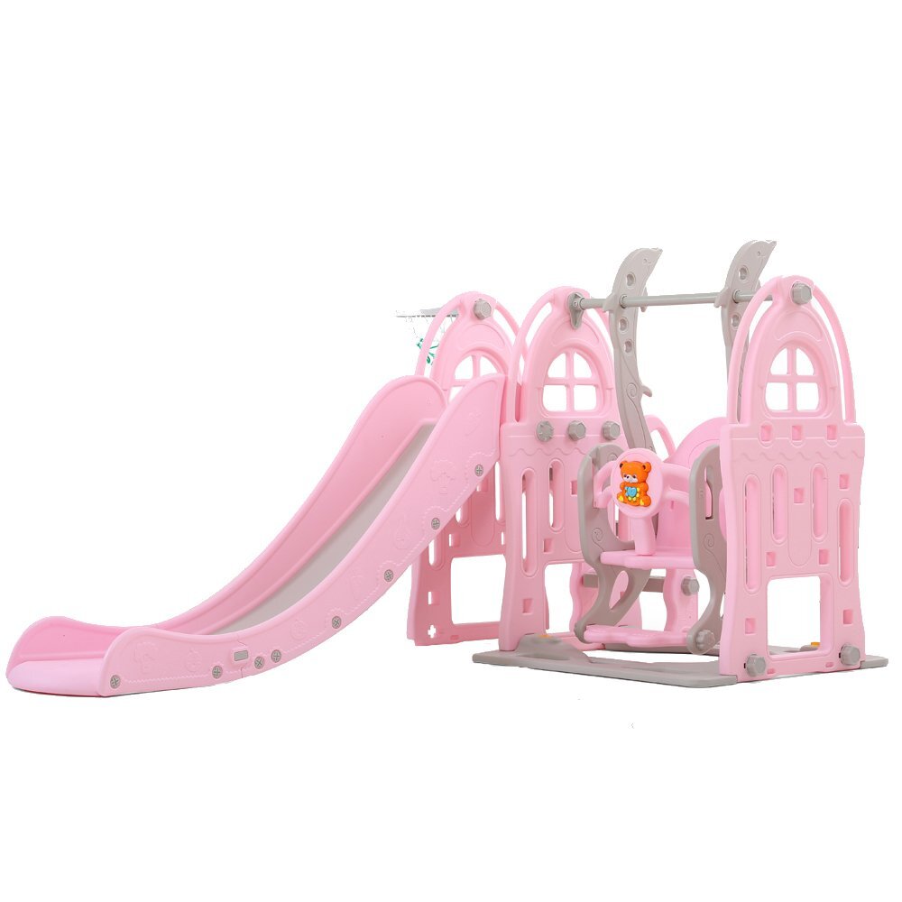 Nichiduta Garden Spatiu de joaca 3 in 1 Nichiduta Dolphin Pink cu leagan convertibil Tobogan cu manere si trepte late Cos de baschet greutate maxim suportata 50 Kg