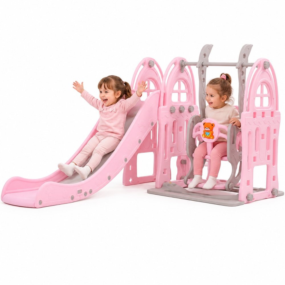 Nichiduta Garden Spatiu de joaca 3 in 1 Nichiduta Dolphin Pink cu leagan convertibil Tobogan cu manere si trepte late Cos de baschet greutate maxim suportata 50 Kg
