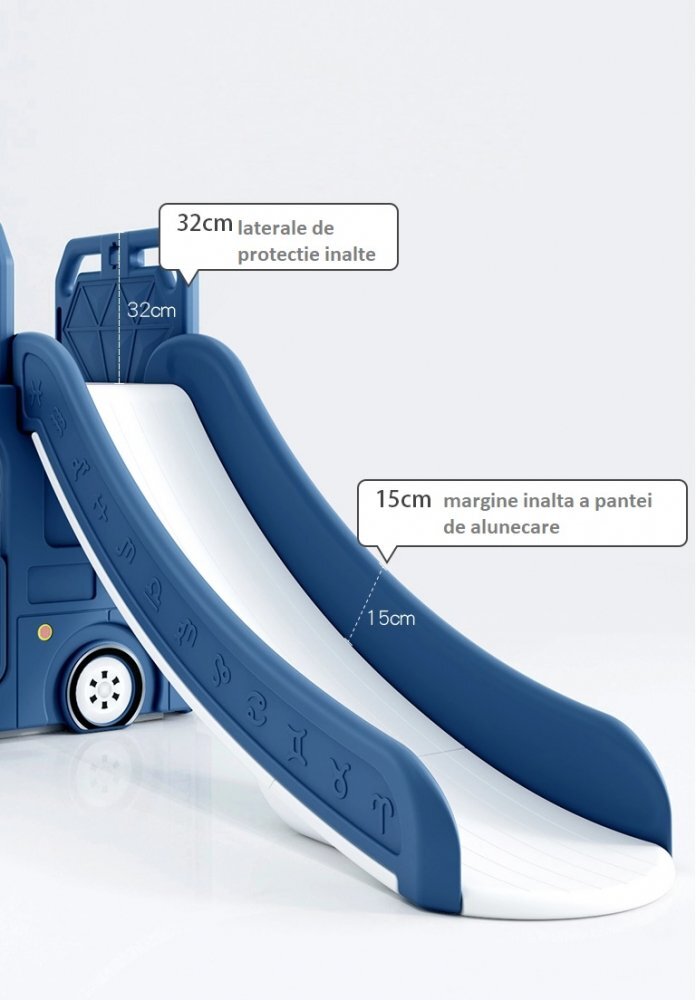 Nichiduta Garden Spatiu de joaca 3 in 1 pentru copii Happy Bus Blue cu tobogan cos de baschet 190 x 210 x 116 cm utilizare interiorexterior usa cu deschidere margini rotunjite