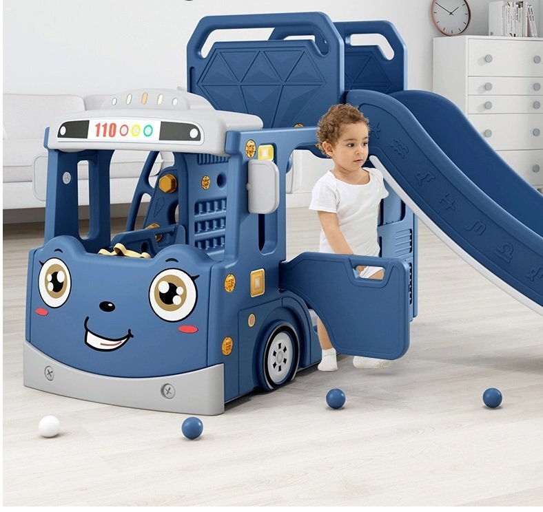 Nichiduta Garden Spatiu de joaca 3 in 1 pentru copii Happy Bus Blue cu tobogan cos de baschet 190 x 210 x 116 cm utilizare interiorexterior usa cu deschidere margini rotunjite