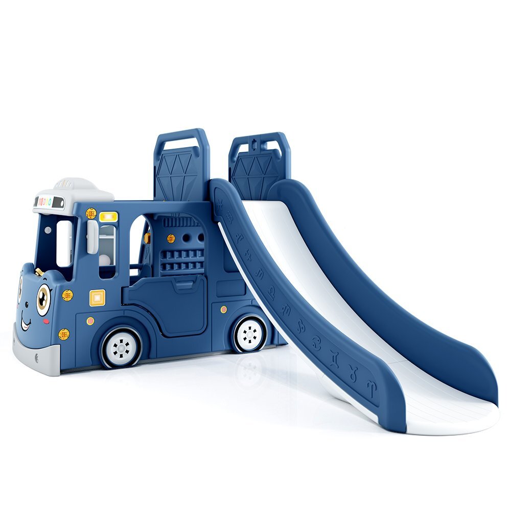 Nichiduta Garden Spatiu de joaca 3 in 1 pentru copii Happy Bus Blue cu tobogan cos de baschet 190 x 210 x 116 cm utilizare interiorexterior usa cu deschidere margini rotunjite