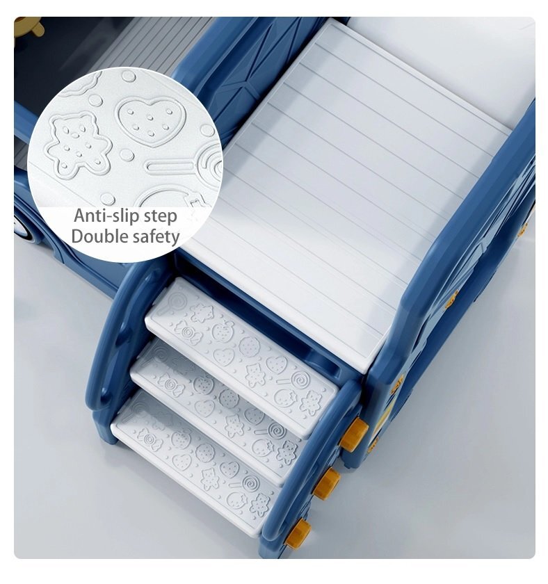 Nichiduta Garden Spatiu de joaca 3 in 1 pentru copii Happy Bus Blue cu tobogan cos de baschet 190 x 210 x 116 cm utilizare interiorexterior usa cu deschidere margini rotunjite